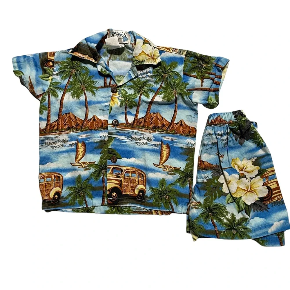 Vintage KY'S Hawaii Kids Hawaiian Shirt and Shorts Set Blue Woody Car Y2K 1
